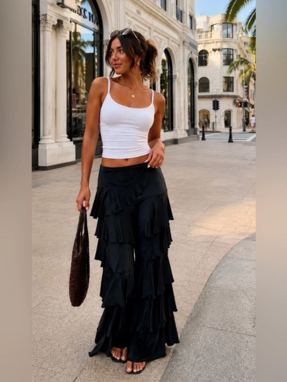 Zara Ruffled Pants Flowy Ramie  Black Size XS